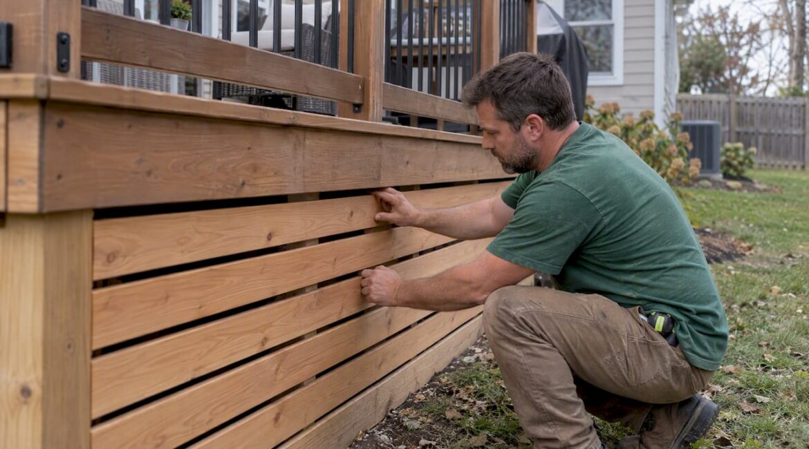 Contractor checking cedar horizontal deck skirting
