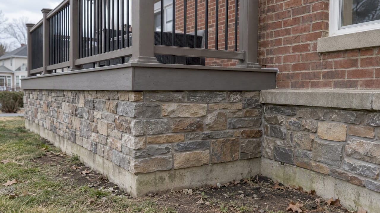 Stone veneer base beneath a raised deck