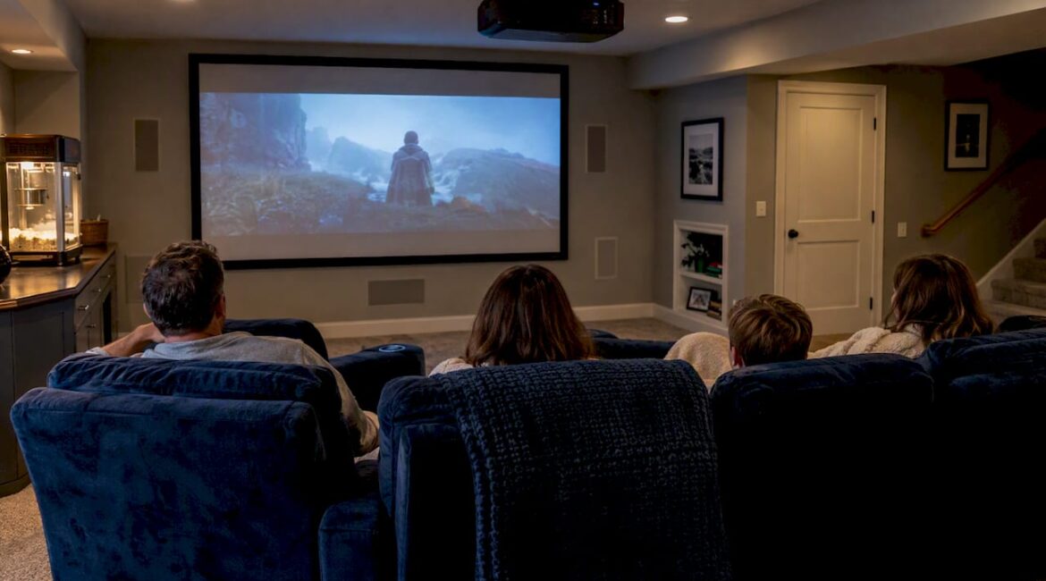 Finished basement theater with centered screen and seating