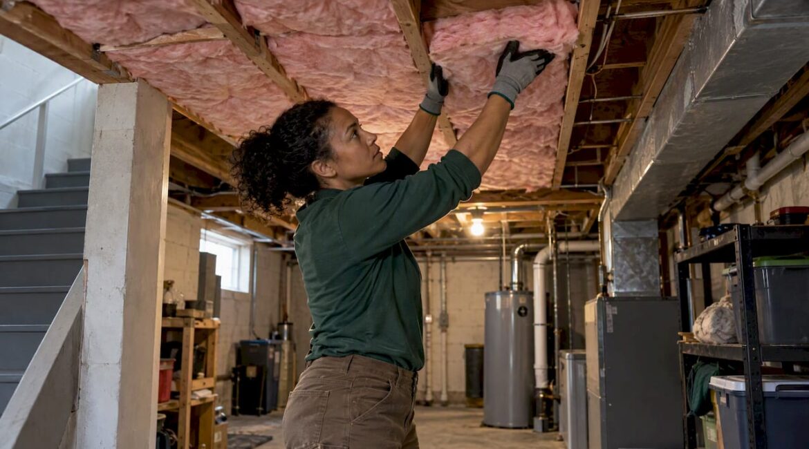 Contractor fitting insulation between basement ceiling joists
