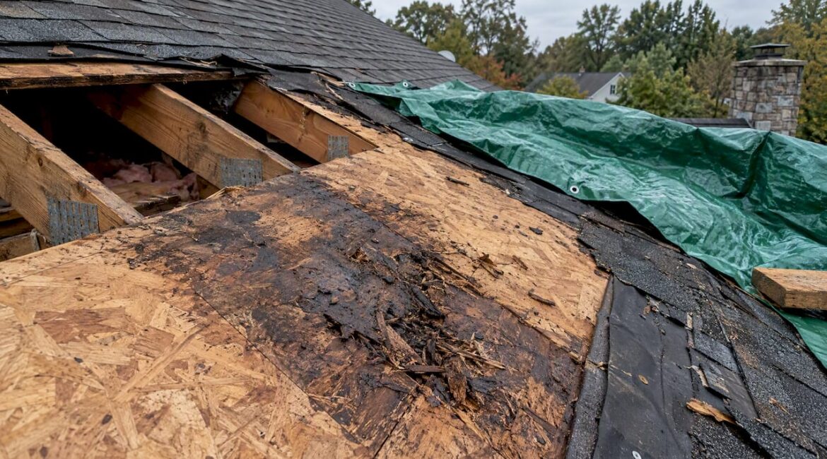 Rot-damaged roof sheathing exposed during repair