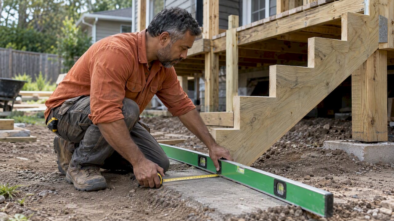 Builder checking grade beside a dry-fitted stringer