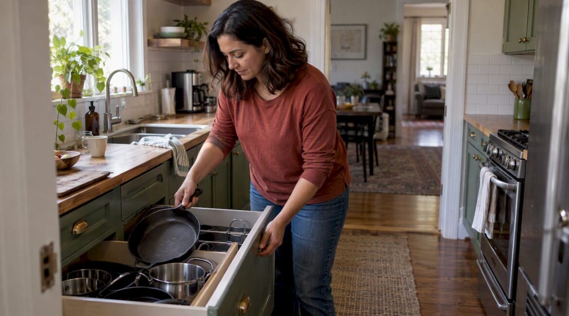 Homeowner using storage in a compact kitchen