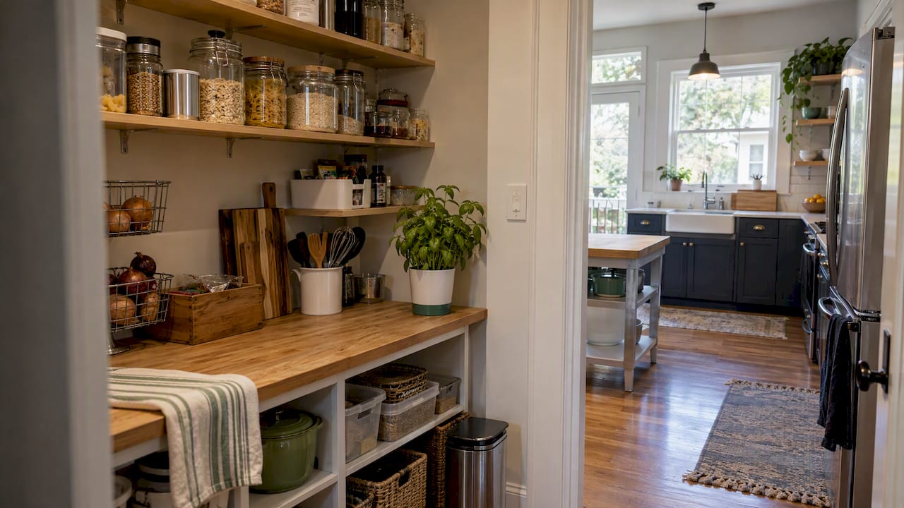 Pantry nook beside a compact kitchen